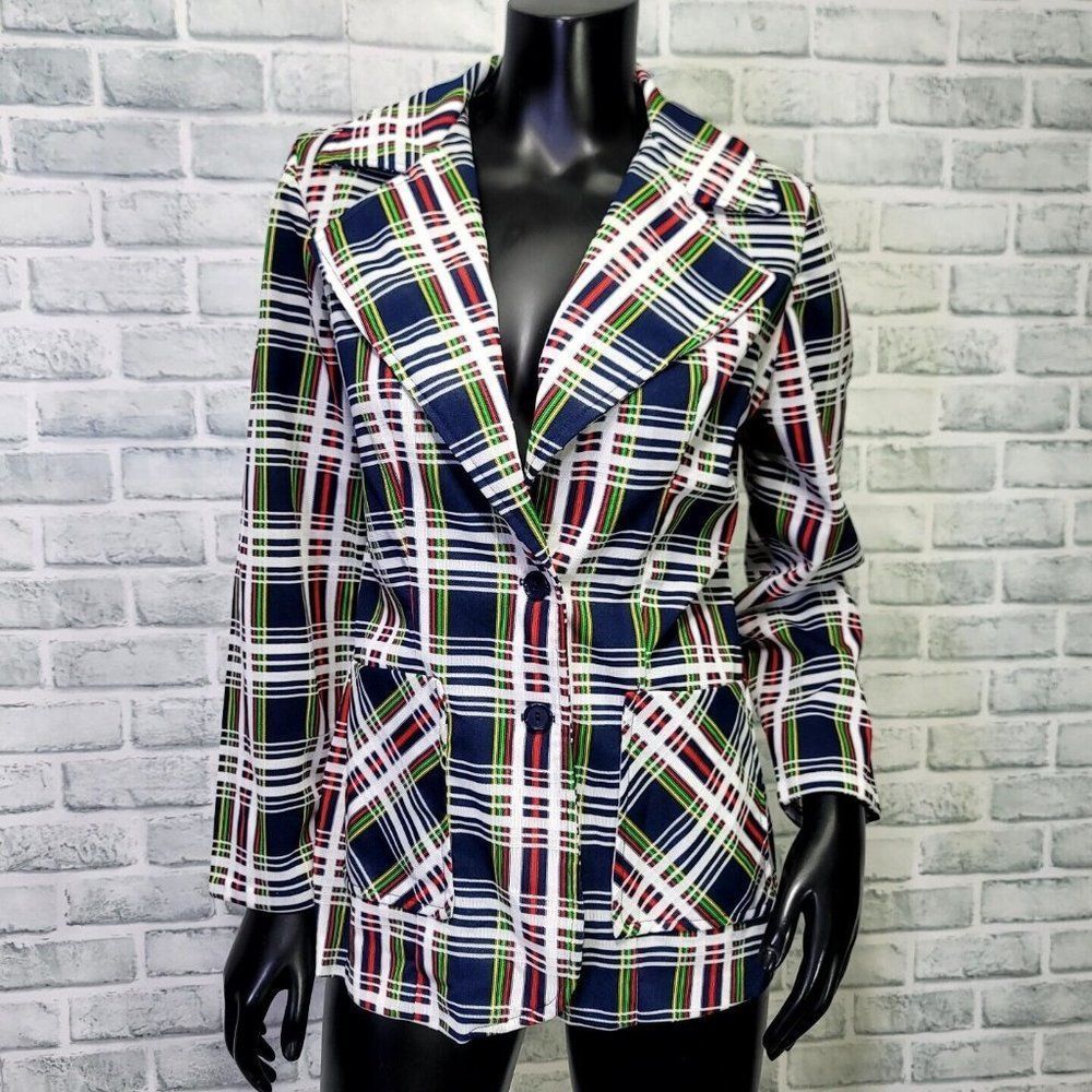 Vintage 70s Womens Colorful Plaid Double Knit Polyester‎ Blazer Disco Career Cas